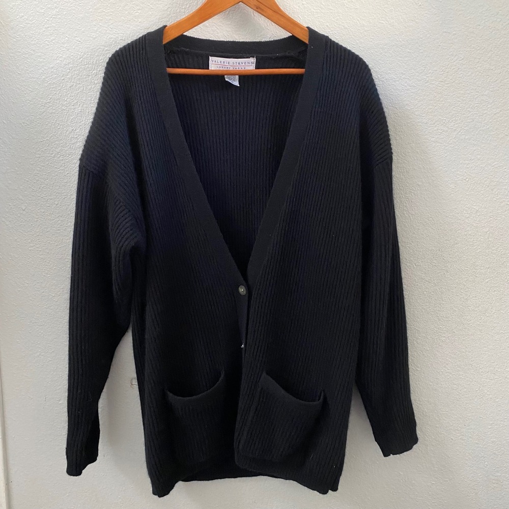 Vintage Black Ribbed Cardigan Lambswool Angora Blend Pearl Buttons